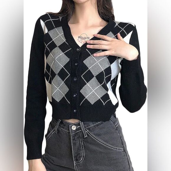 Brandy Melville 100% Cotton Argyle Button Up Elizabeth Geometric Sweater S - Picture 1 of 6